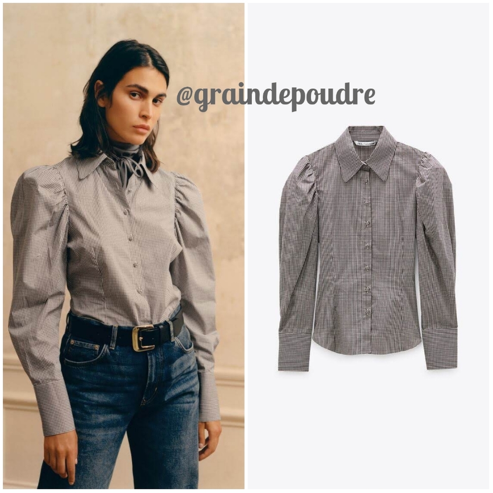 Rare! Zara Checkered Puff Mutton Sleeve Western Prairie Blouse S